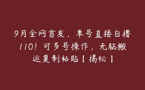 9月全网首发，单号直接白撸110！可多号操作，无脑搬运复制粘贴【揭秘】-51自学联盟