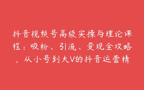 抖音视频号高级实操与理论课程：吸粉、引流、变现全攻略，从小号到大V的抖音运营精通手册-51自学联盟