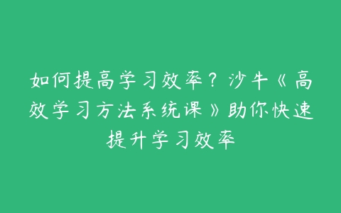 如何提高学习效率？沙牛《高效学习方法系统课》助你快速提升学习效率-51自学联盟