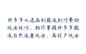 拼多多从选品到截流到付费的玩法技巧，助你掌握拼多多截流自然流量玩法，高投产玩法-51自学联盟