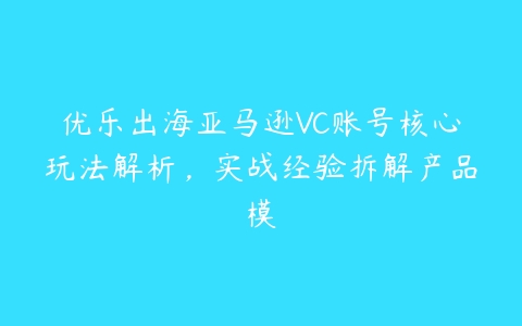 优乐出海亚马逊VC账号核心玩法解析，实战经验拆解产品模-51自学联盟