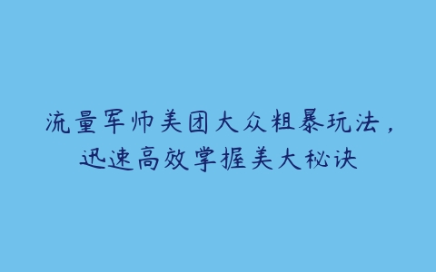 流量军师美团大众粗暴玩法，迅速高效掌握美大秘诀-51自学联盟