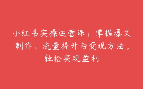 小红书实操运营课：掌握爆文制作、流量提升与变现方法，轻松实现盈利-51自学联盟