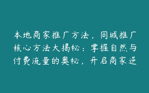 本地商家推广方法，同城推广核心方法大揭秘：掌握自然与付费流量的奥秘，开启商家逆袭之路百度网盘下载