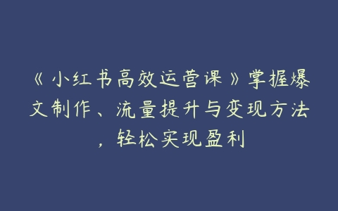 《小红书高效运营课》掌握爆文制作、流量提升与变现方法，轻松实现盈利-51自学联盟