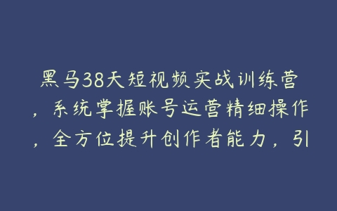 黑马38天短视频实战训练营，系统掌握账号运营精细操作，全方位提升创作者能力，引流方法实战落，地助力变现百度网盘下载