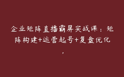 企业矩阵直播霸屏实战课：矩阵构建+运营起号+复盘优化，-51自学联盟