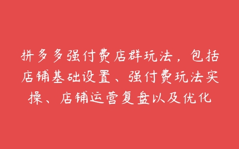 拼多多强付费店群玩法，包括店铺基础设置、强付费玩法实操、店铺运营复盘以及优化百度网盘下载