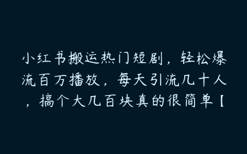 图片[1]-小红书搬运热门短剧，轻松爆流百万播放，每天引流几十人，搞个大几百块真的很简单【项目拆解】-本文