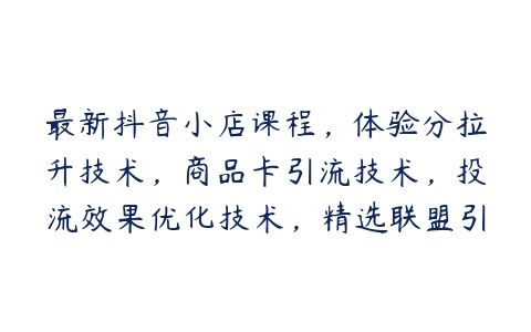 最新抖音小店课程，体验分拉升技术，商品卡引流技术，投流效果优化技术，精选联盟引流技术百度网盘下载