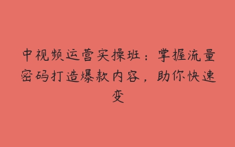 中视频运营实操班：掌握流量密码打造爆款内容，助你快速变-51自学联盟