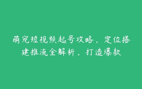 萌宠短视频起号攻略，定位搭建推流全解析，打造爆款百度网盘下载