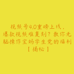 视频号4.0重磅上线，爆款视频难复刻？教你无脑操作宝妈学生党的福利【揭秘】-51自学联盟