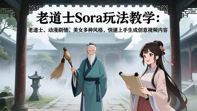 老道士Sora玩法教学：老道士、动漫剧情、美女多种风格，快速上手生成创意视频内容百度网盘下载